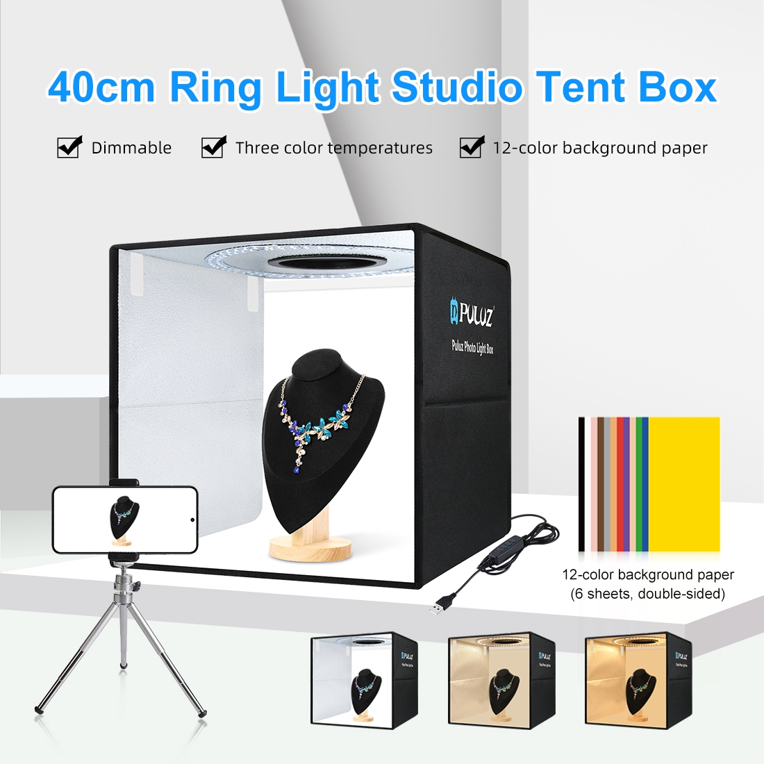 Photography Lighting Case - PULUZ 40cm折りたたみ式ポータブルリングライトUSB写真照明スタジオ撮影テントボックス、6枚の両面カラーバックドロップ付きフォトボックス