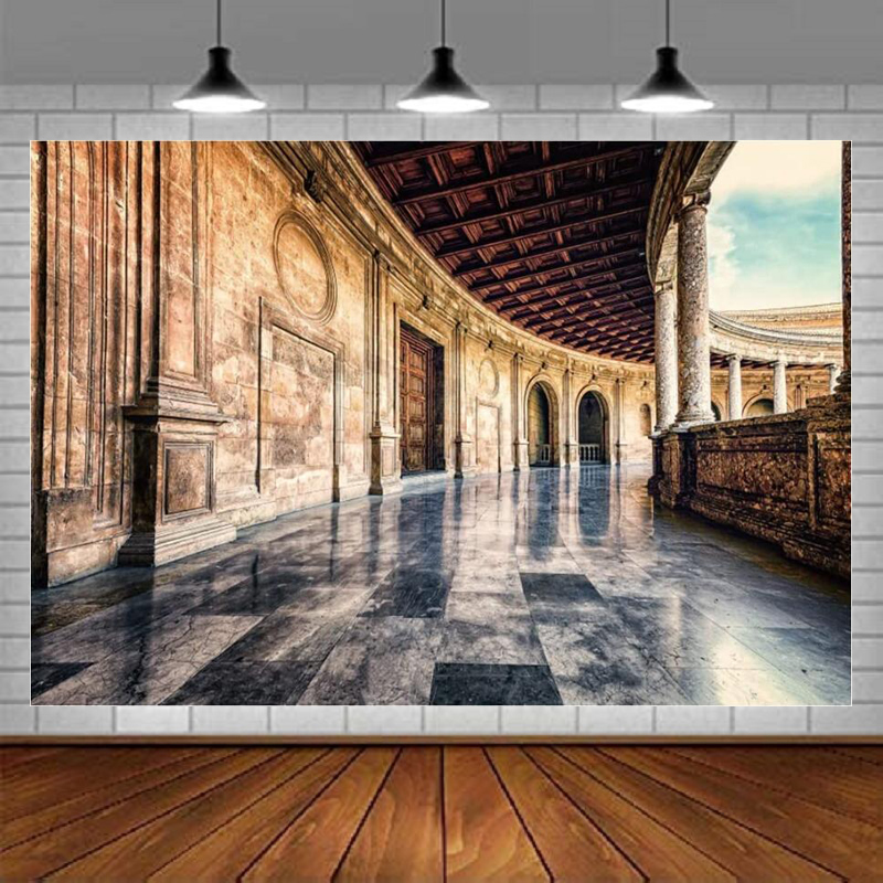 Vintage Photography Lighting - ヴィンテージ中世建築写真背景幕 都市壁 マドリード建築 レトロなアーチウェイ 柱 暗い光の背景