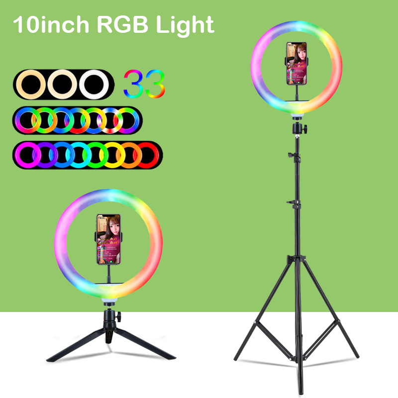Photography Lighting Stick - 10インチ（26cm）RGBリングライト三脚LED丸型ランプ自撮り棒三脚スタンド付きRGB 15色ビデオライト YouTube動画撮影用