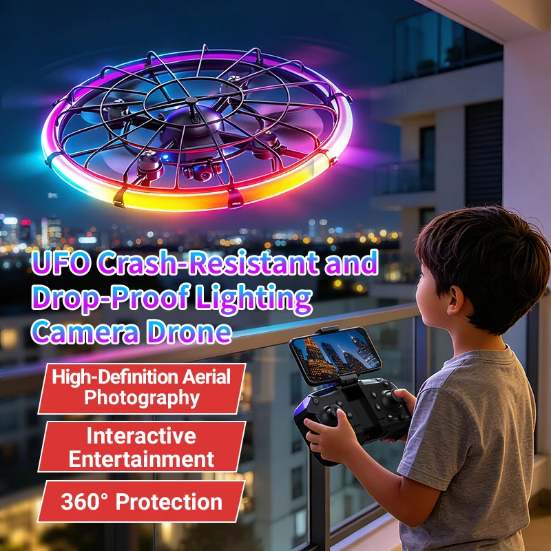 Photography Lighting Outdoor - JJRC H145 UFO RCドローン、デュアルHDレンズ、RGBフローライト、フルボディプロテクション、空撮クアッドコプター玩具