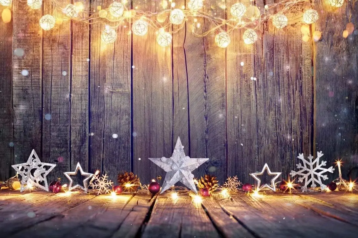 クリスマス背景幕 ヴィンテージ木製テーブル 星とライト 新年 - Vintage Photography Lighting のレビューと価格