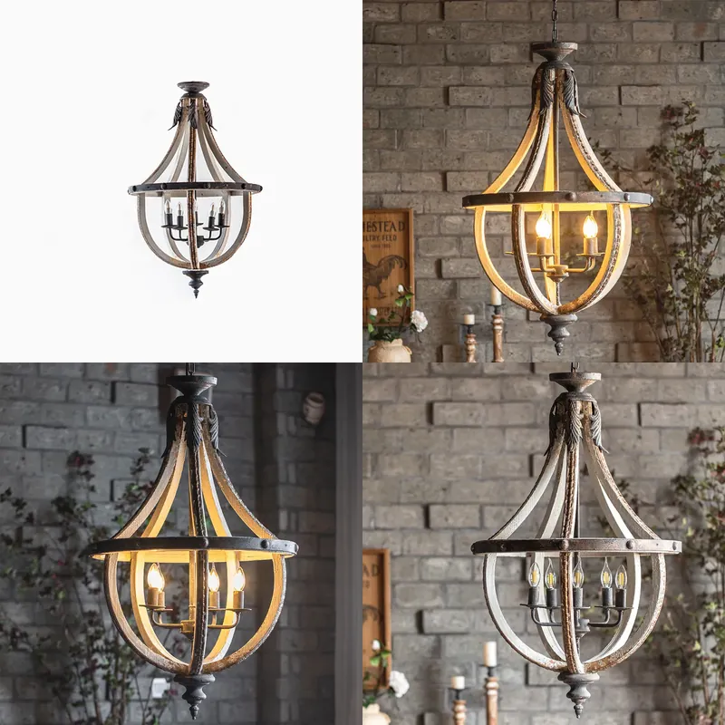 ヴィンテージ錬鉄製シャンデリア、無垢材のアクセント付きレトロ - Vintage Photography Lighting のレビューと価格